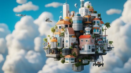 Naklejka premium Summertime, retro, grid: Floating summer city built on a vibrant, glowing grid, blending futuristic and retro aesthetics.