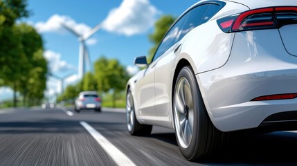 Fototapeta premium High speed electric car zooming down the highway surrounded by wind turbines and a scenic renewable energy landscape