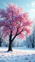 Fototapeta premium Frozen weeping cherry tree in winter landscape, landscape, frozen, deciduous