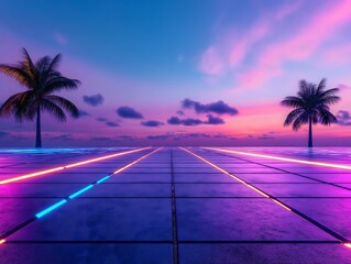Naklejka premium Summertime, retro, grid: Futuristic cityscape with a glowing grid road leading to a vibrant 80s-style summer horizon.