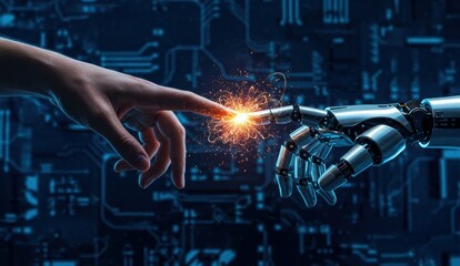 Fototapeta premium Robotic hand and human hand touching in a digital environment, representing AI and technology themes.