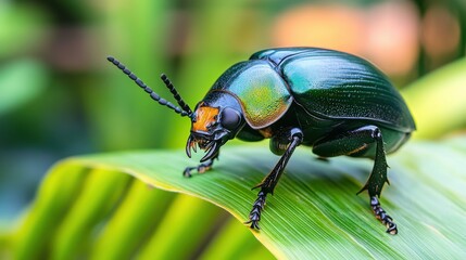 Naklejka premium A majestic scarab beetle with a glowing shell, isolated against a blurred natural backdrop with room for copy.