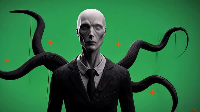 A chilling image of the Slender Man figure, rendered in grayscale, wearing a suit and tie.