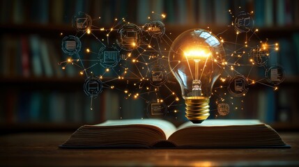 Glowing light bulb emerging from an open book symbolizing the spark of innovative ideas creative thinking and scientific discovery  The image represents the power of knowledge research