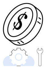 Coin with dollar sign floating above a gear and wrench, symbolizing financial tools, economic management, cost optimization. Ideal for business, finance, investment, planning, strategy productivity