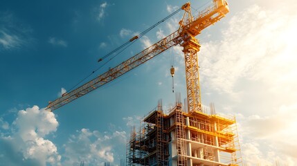A large construction site with a towering yellow crane lifting materials for an ongoing high rise building development project against a bright blue sky with fluffy white clouds