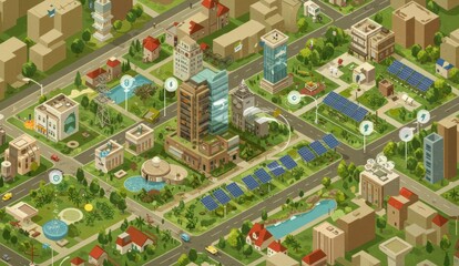Illustration of a smart city with solar panels, green buildings, parks, and urban infrastructure focused on sustainability.