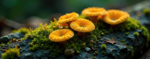 Fungal mycelium on rocky surface with moss and lichen, forest floor, moss,