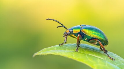Fototapeta premium A vibrant scarab beetle positioned at the edge of a leaf, facing an open, blurred background for copy space.