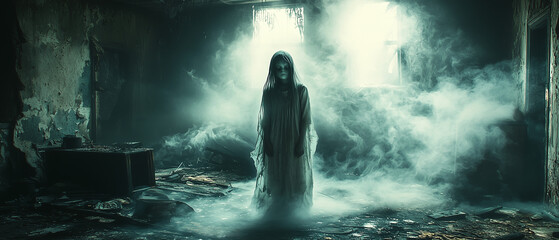 Obraz premium a sorrowful ghost child with hollow eyes, floating in an abandoned house, pale, tattered clothes, surrounded by floating objects and ethereal light