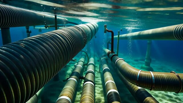 Underwater gasoline pipes in sea. The concept of oil pipeline, gas pipeline, gas transportationю