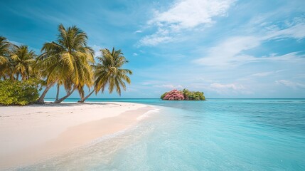 Fototapeta premium Picturesque beach with white sand, turquoise waters and palm trees gently swaying in breeze, capturing serene beauty of tropical islands for vacation.