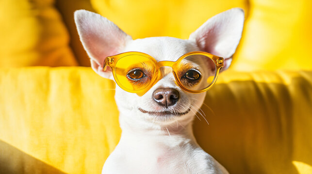 Charming chiweenie dog wearing trendy sunglasses relaxing on a couch with an endearing look and a cozy home environment.