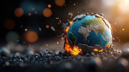 Dramatic depicting a burning fractured globe amidst a cosmic disaster setting  The Earth is engulfed in flames surrounded by a chaotic explosion of debris asteroids and cosmic energy