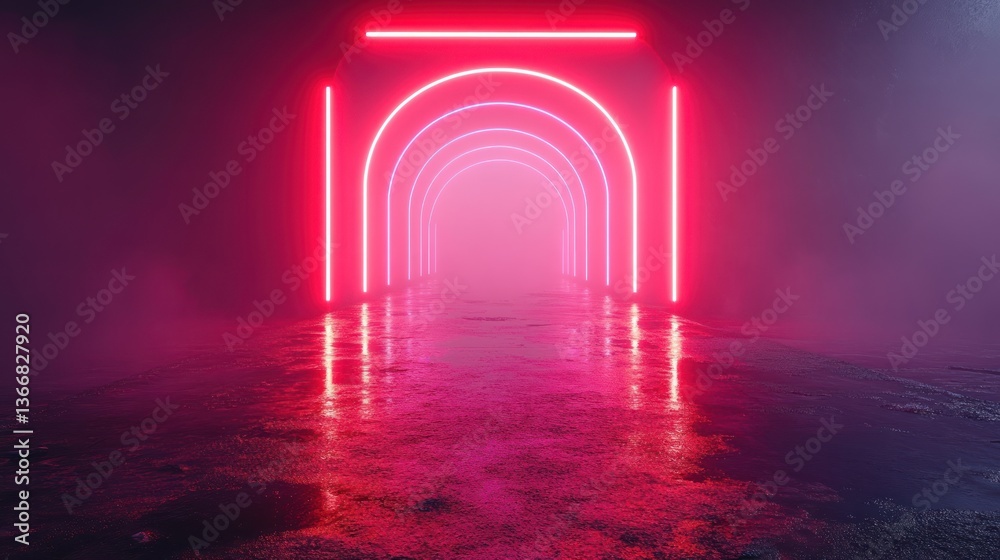 Poster Pink and red neon archway tunnel with fog and reflection on wet ground.