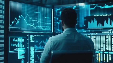 A blockchain developer designing AI powered decentralized solutions for crypto backed lending platforms, futuristic lending center with real-time transaction data, High-tech style