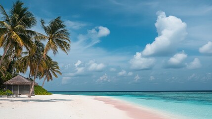 Picturesque beach with white sand, turquoise waters and palm trees gently swaying in breeze, capturing serene beauty of tropical islands for vacation.
