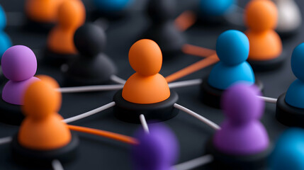 Obraz premium Abstract Network Connections: Orange, Blue, and Purple 3D Figures on Black Background