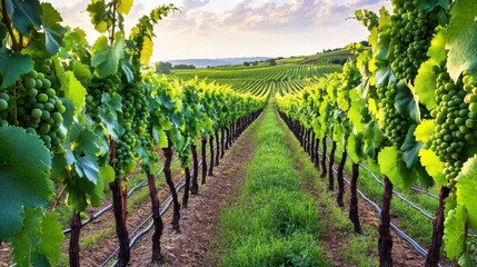 Lush Green Vineyard at Sunset, Wine Grapes - Vibrant Nature Photogr.