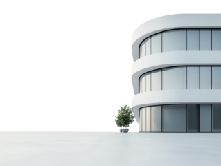 Modern Minimalist Building with Curved Glass Facade and Potted Tree in Open Space