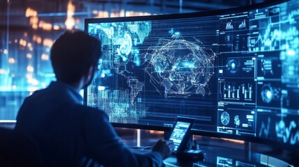 A blockchain developer working on AI powered decentralized solutions for crypto backed decentralized healthcare data systems, futuristic healthcare lab with live data, High-tech style