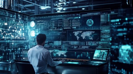 A blockchain developer working on AI powered decentralized solutions for crypto backed decentralized logistics management, futuristic logistics lab with live data, High-tech style