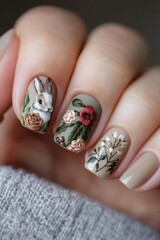 Detailed nail art showcases a rabbit among floral patterns. The design combines soft colors with nature elements, reflecting a playful yet elegant style perfect for spring