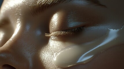 Fototapeta premium Closeup of a face with glowing skin and cream