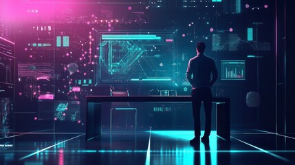 A blockchain developer working on AI powered decentralized solutions for crypto backed decentralized transportation logistics, futuristic logistics lab with live data, High-tech style