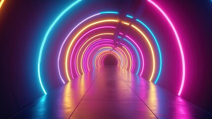 undulating light patterns of neon yellow, pink, and blue that seem to stretch and expand endlessly.