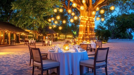 Obraz premium Romantic Beach Dinner, Fairy Lights, Tree - Romantic getaways