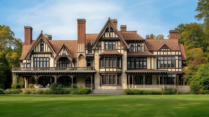 grand mansion with a multi-tiered roof, large windows, and a spacious veranda overlooking the manicured lawn.