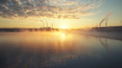 wastewater treatment pond at dawn, with fog hovering over the surface of the water, and equipment visible in the distance.