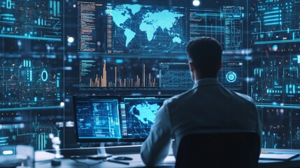 A blockchain researcher designing AI powered decentralized solutions for crypto backed virtual healthcare consultations, futuristic healthcare lab with live data, High-tech style