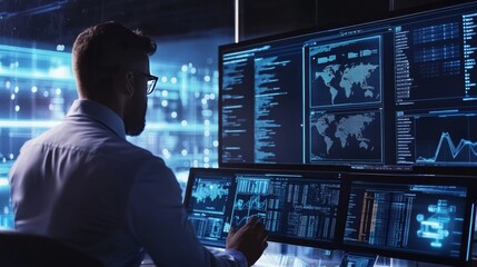 Fototapeta premium A blockchain researcher designing AI powered decentralized solutions for crypto backed virtual healthcare consultations, futuristic healthcare lab with live data, High-tech style