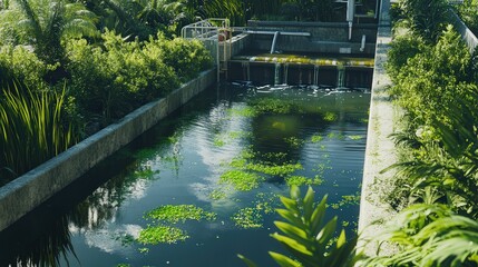 wastewater treatment pond surrounded by green vegetation, with clear water flowing through the filtration system.