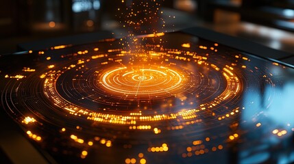 Obraz premium A glowing pie chart projected onto a futuristic glass table, surrounded by data points