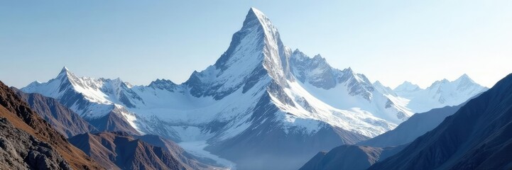Obraz premium Majestic snow-capped peak rises high amidst rugged landscape, snow, peaks