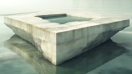 Abstract Concrete Structure Floating on Water Reflecting Minimalist and Calm Scene