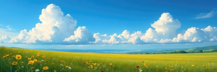 Fototapeta premium Majestic stratocumulus clouds layered over vast meadows and wildflowers, landscape, blue sky, clouds