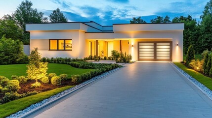 Fototapeta premium Modern House Exterior, Evening Illumination - Modern Architecture