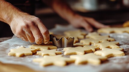 baker cutting dough into star shapes with a cookie cutter, the smooth dough laid out on a parchment paper, ready for baking.