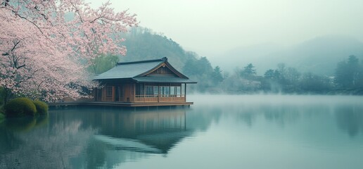 Fototapeta premium Serene Lakeside Pavilion with Cherry Blossoms in Misty Asian Landscape