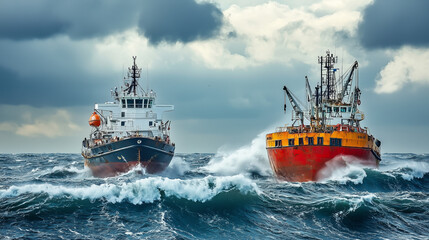 Two Ships Collide Amidst Stormy Seas, Symbolizing Nature's Unpredictable Power