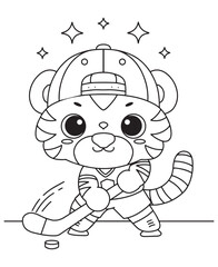 Coloring book tiger playing hockey with a stick and puck, wearing a cap, with sparkles around.