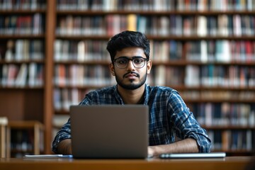 Focused Indian student guy sit at desk in library, studying, e-learning, improve math or language subject knowledge, preparing to higher education institution admission using laptop. Gen Z, education