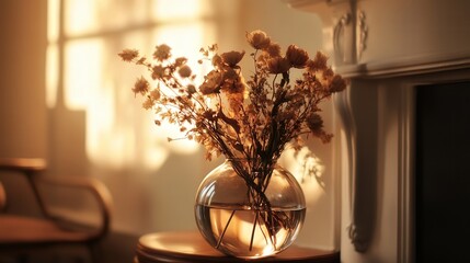 glass vase holding a mix of dried flowers, positioned on a mantel, with warm light reflecting off the glass, enhancing the beauty of the blooms.