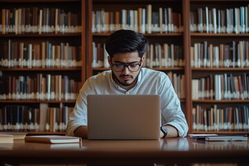 Focused Indian student guy sit at desk in library, studying, e-learning, improve math or language subject knowledge, preparing to higher education institution admission using laptop. Gen Z, education