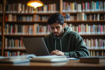 Focused Indian student guy sit at desk in library, studying, e-learning, improve math or language subject knowledge, preparing to higher education institution admission using laptop. Gen Z, education