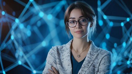 A blockchain researcher developing AI powered decentralized solutions for crypto backed virtual reality platforms, futuristic VR lab with live data, High-tech style